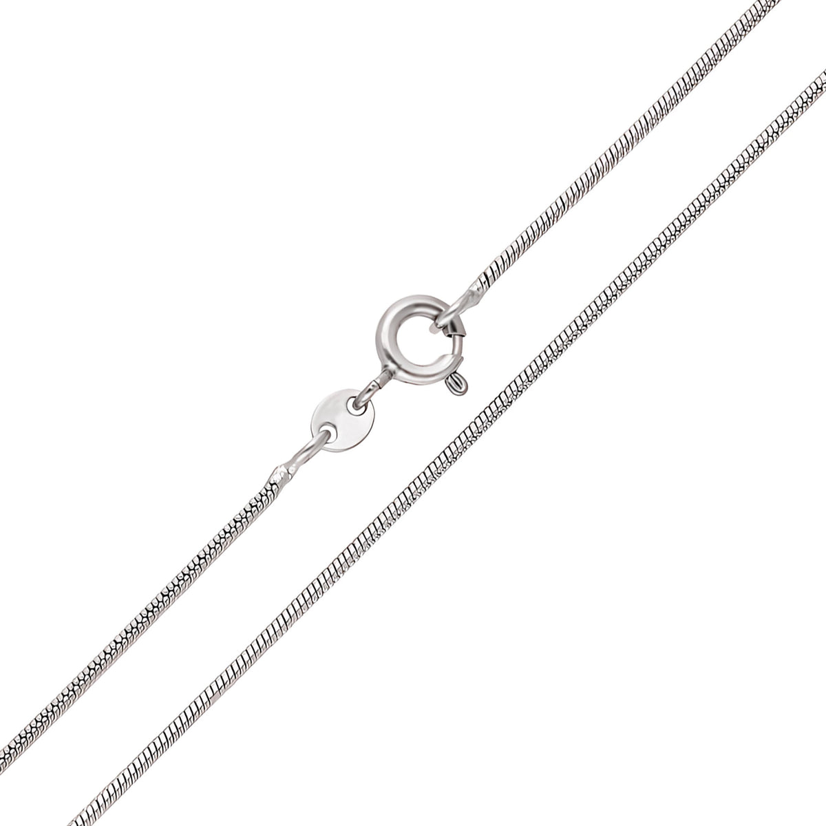 Fine silver-tone snake chain with a spring ring clasp on a white background