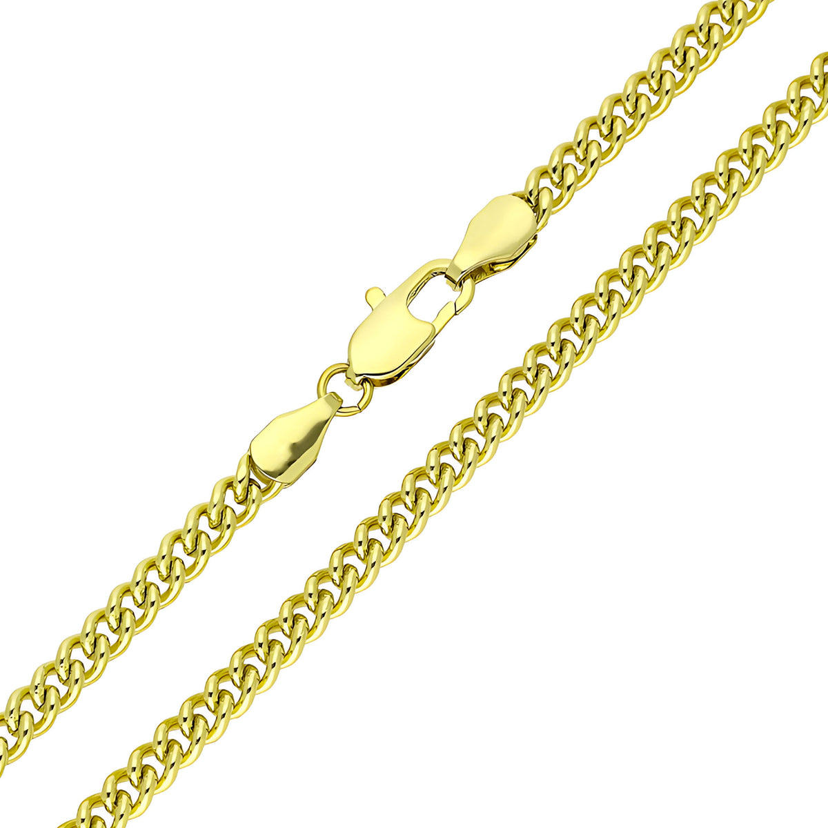 Curb chain with a gold-tone finish and lobster clasp, close up