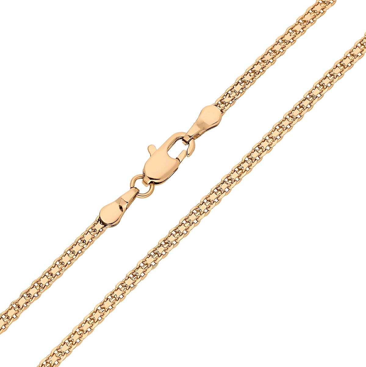 Close-up of a gold-plated Bismarck chain with a lobster clasp on white