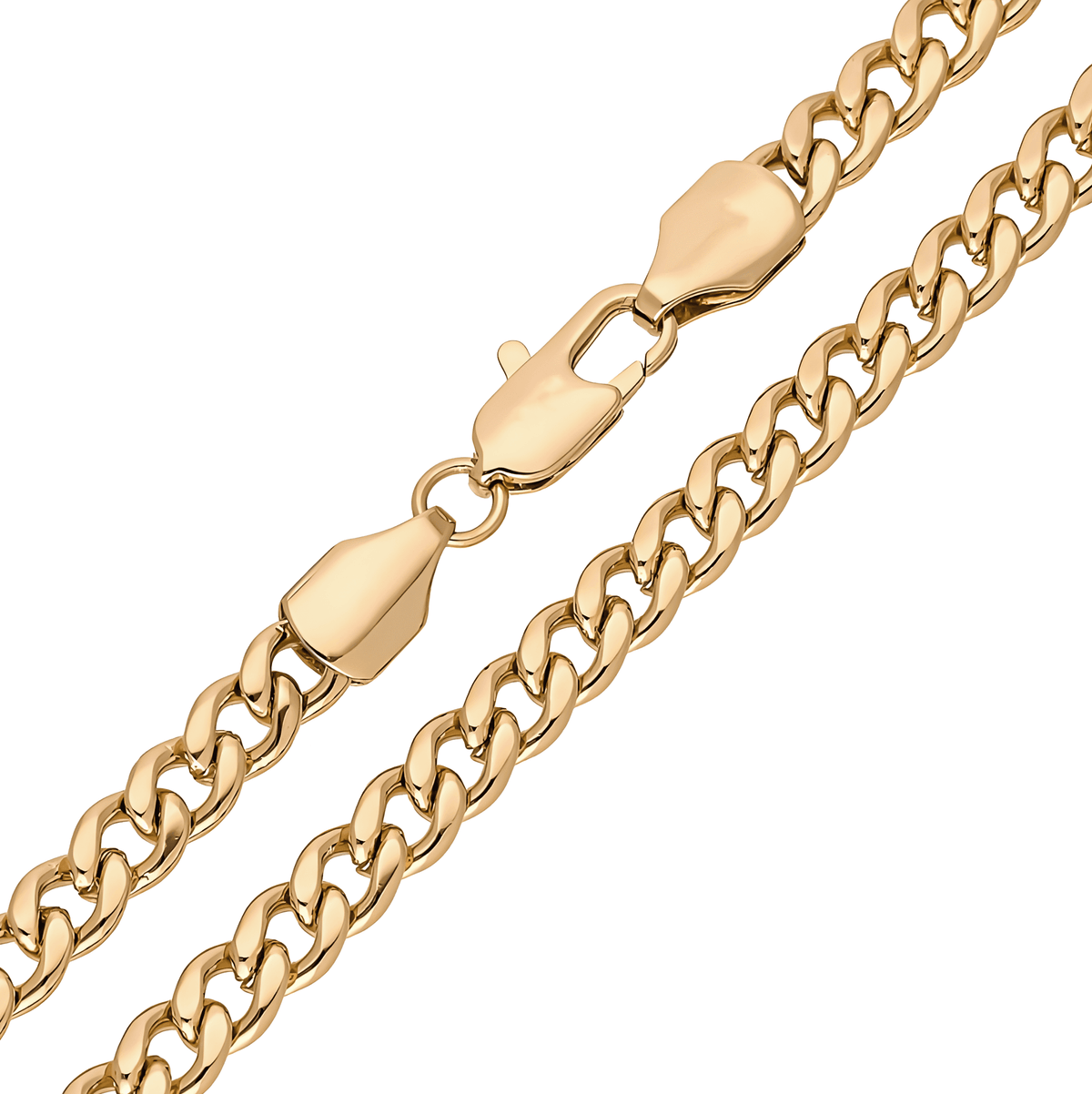 Close-up of a chunky gold-plated curb chain with a lobster clasp