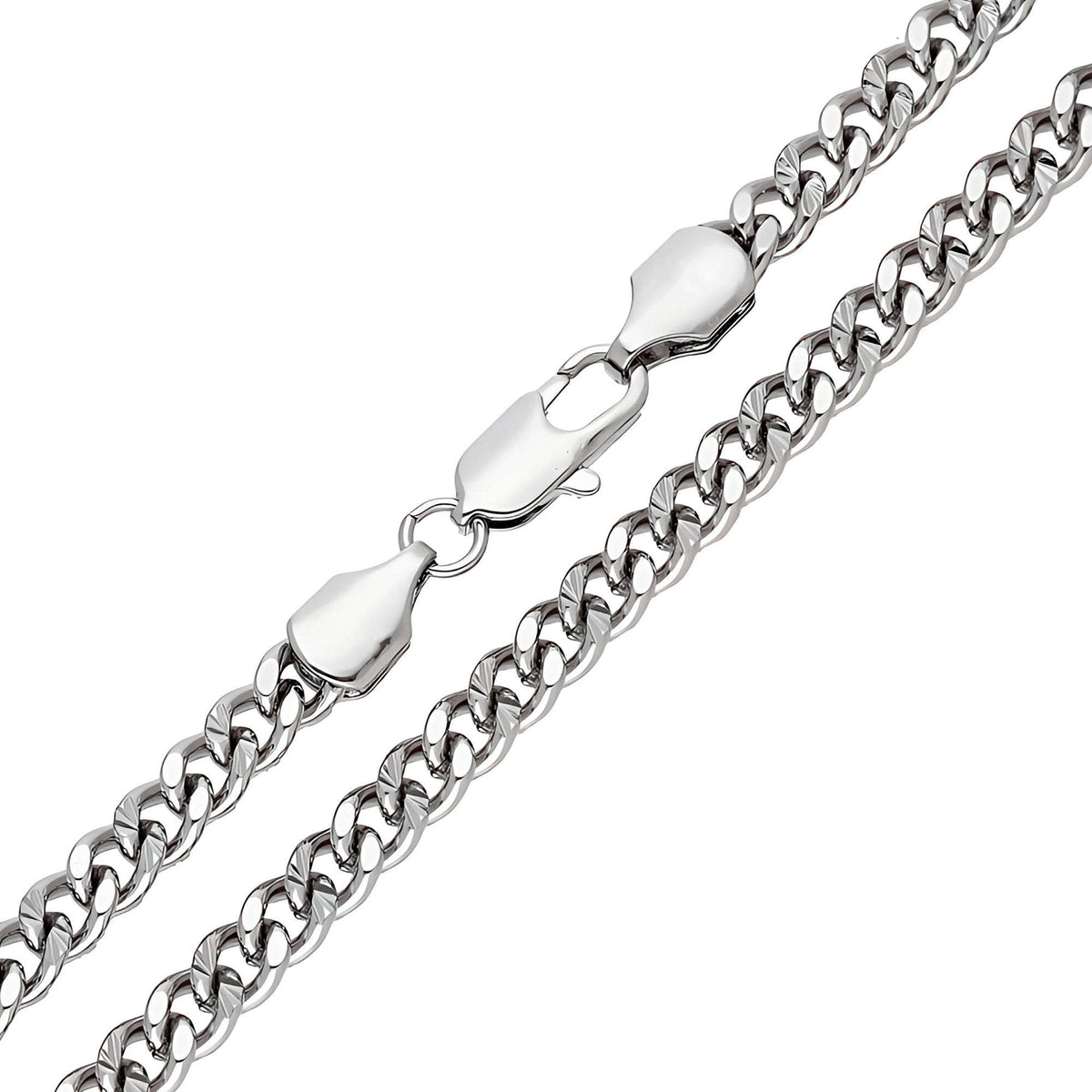 Chunky curb chain with diamond-cut facets in a bright platinum finish
