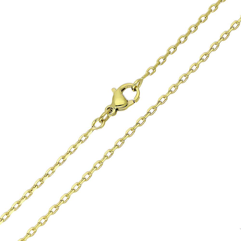 Thin gold-plated anchor chain with a lobster clasp on a white background