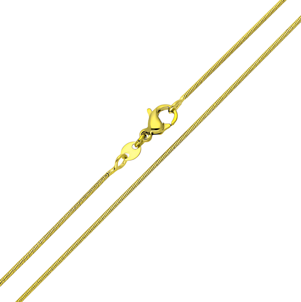 Smooth gold-plated snake chain close up with a lobster clasp on white