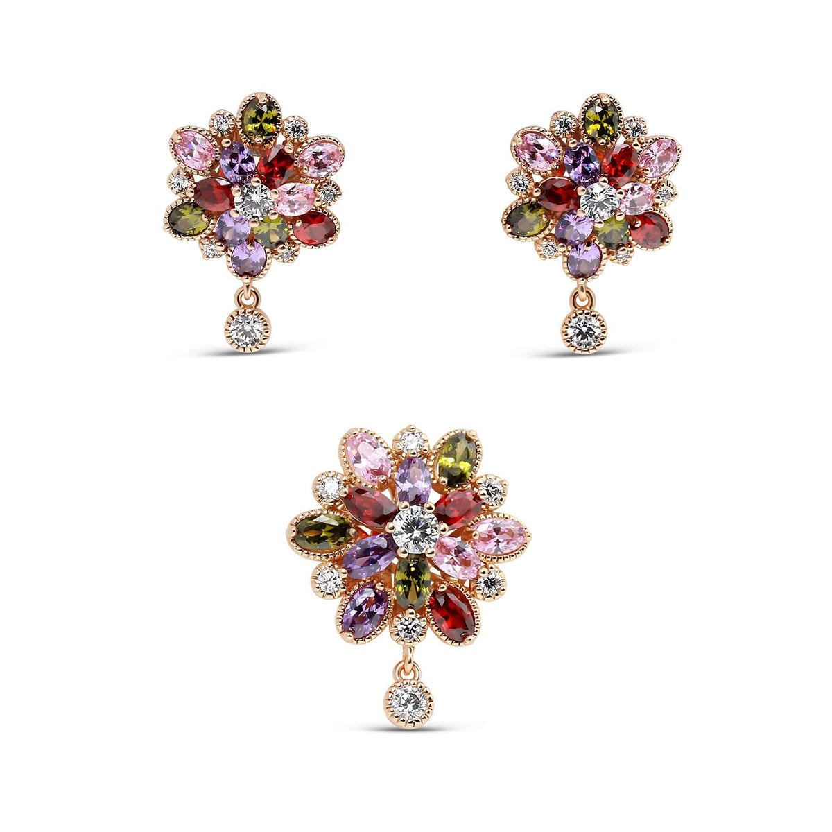 Gold-plated flower earring and pendant set with pink, violet, green and red stones