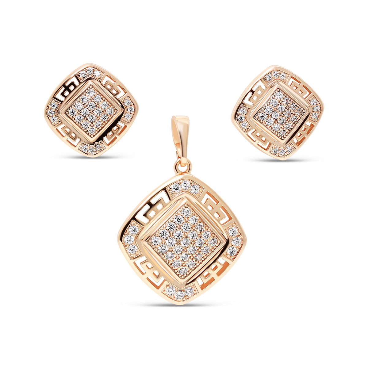 Square earrings and pendant with a Greek key border and clear cubic zirconia