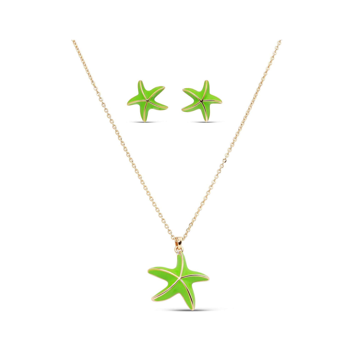 Starfish pendant on a chain and matching earrings in bright green enamel on white