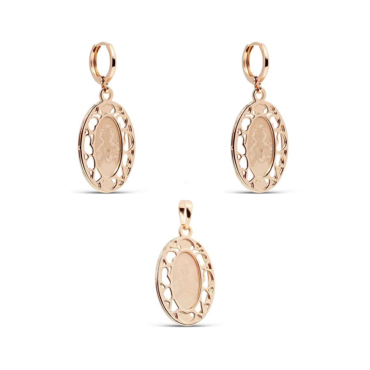 Oval Virgin Mary medallion earrings and pendant with an openwork heart border, gold-plated