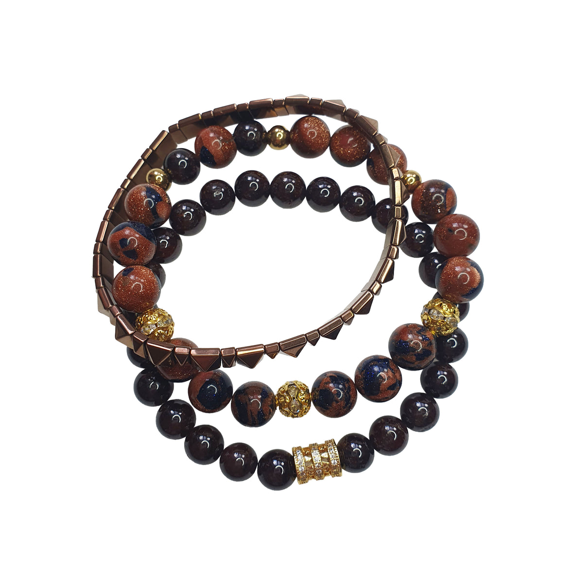 Three reddish-brown bracelets with garnet, sparkling aventurine and golden sparkling spacers