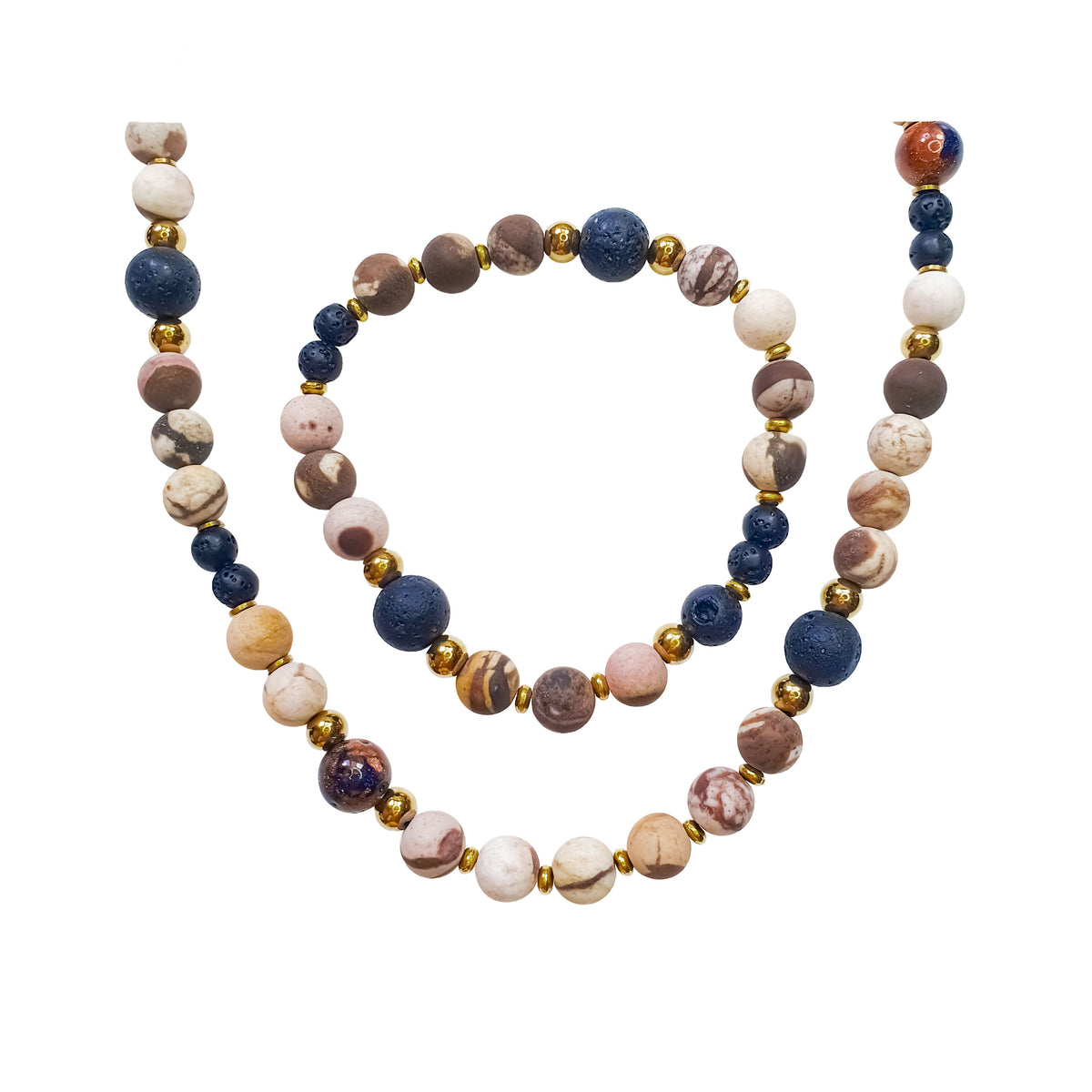Necklace and bracelet set with mottled jasper beads, lava stone and gold-tone spacers