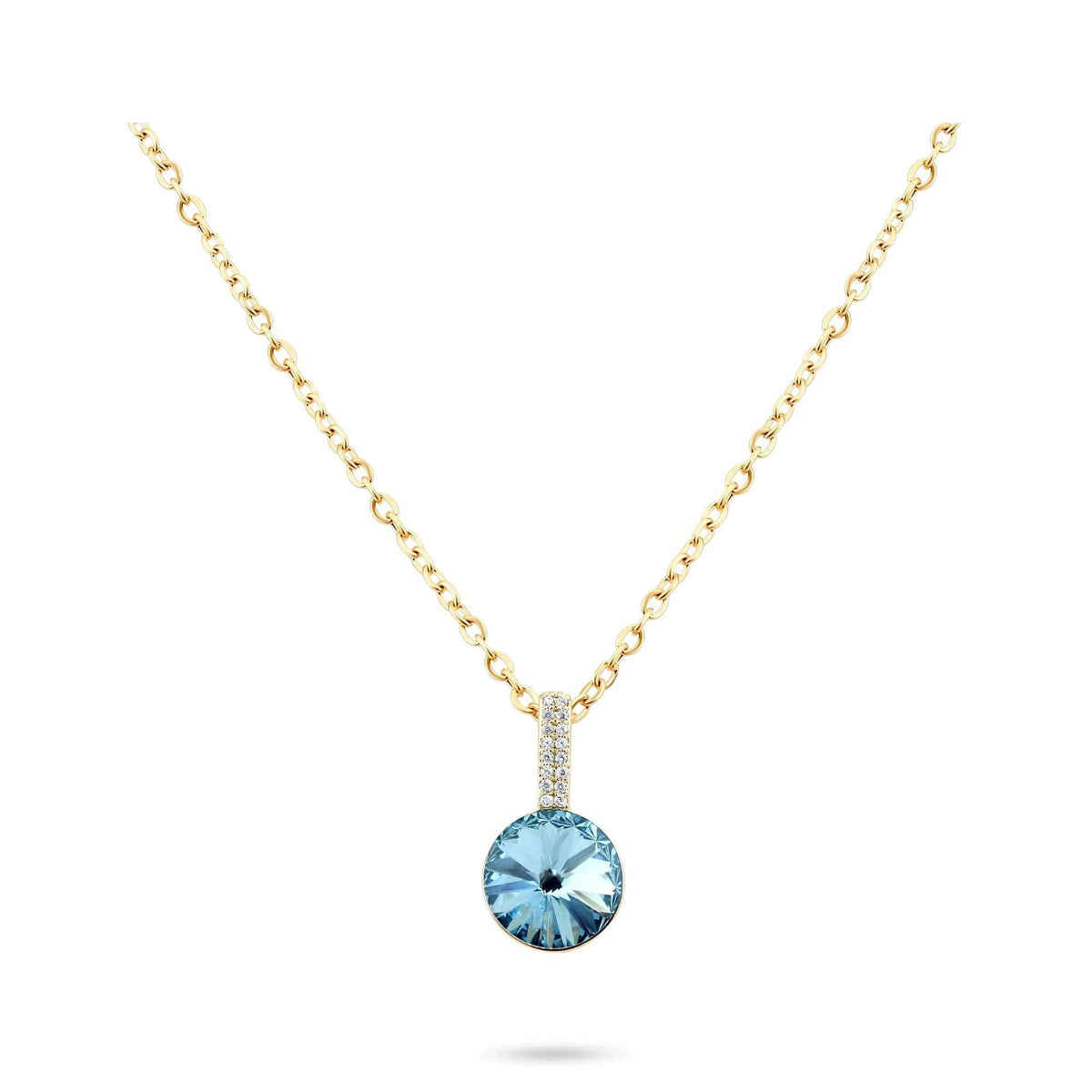 Gold-plated necklace, round light blue crystal and a bail set with cubic zirconia