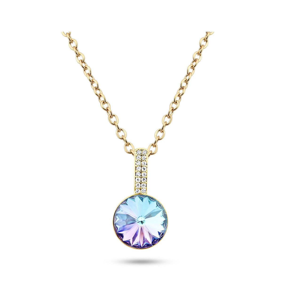 Gold-plated necklace with a round blue-violet crystal and cubic zirconia bail