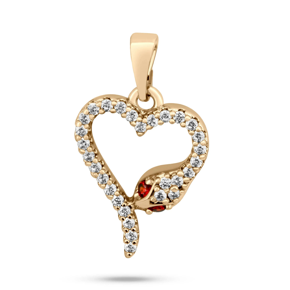 Gold-plated heart pendant with a snake motif, white cubic zirconia and red eyes
