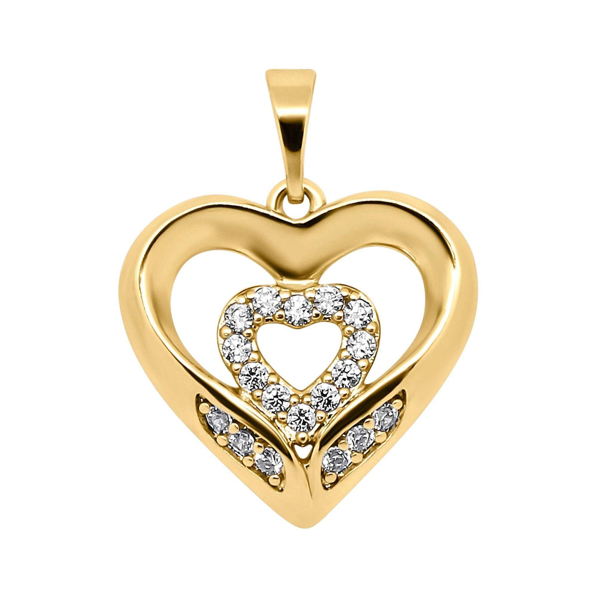Gold-plated heart pendant with a smaller heart of white cubic zirconia