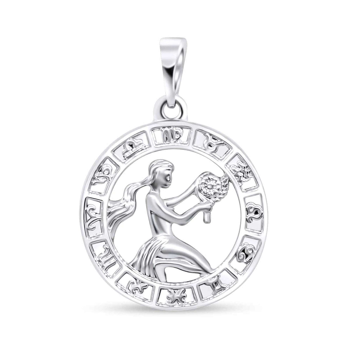 Silver-tone Virgo pendant with a maiden figure and a bunch of flowers