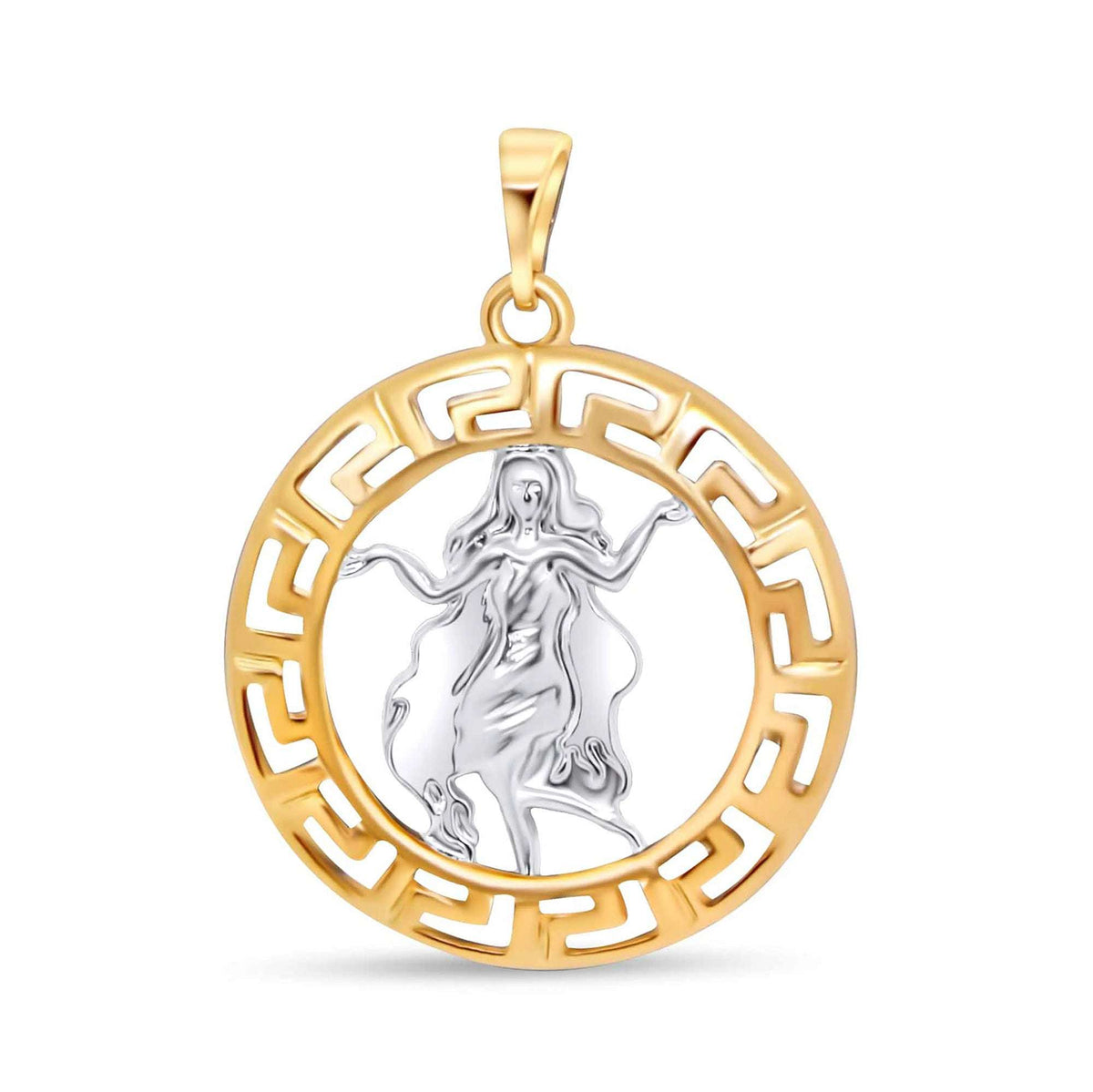 Round gold-plated pendant with a Greek key pattern and a silver-tone Virgo figure