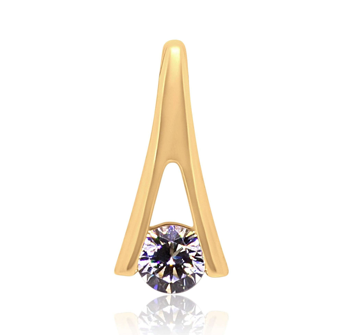 Gold-plated pendant with a curved triangular frame holding a clear round cubic zirconia