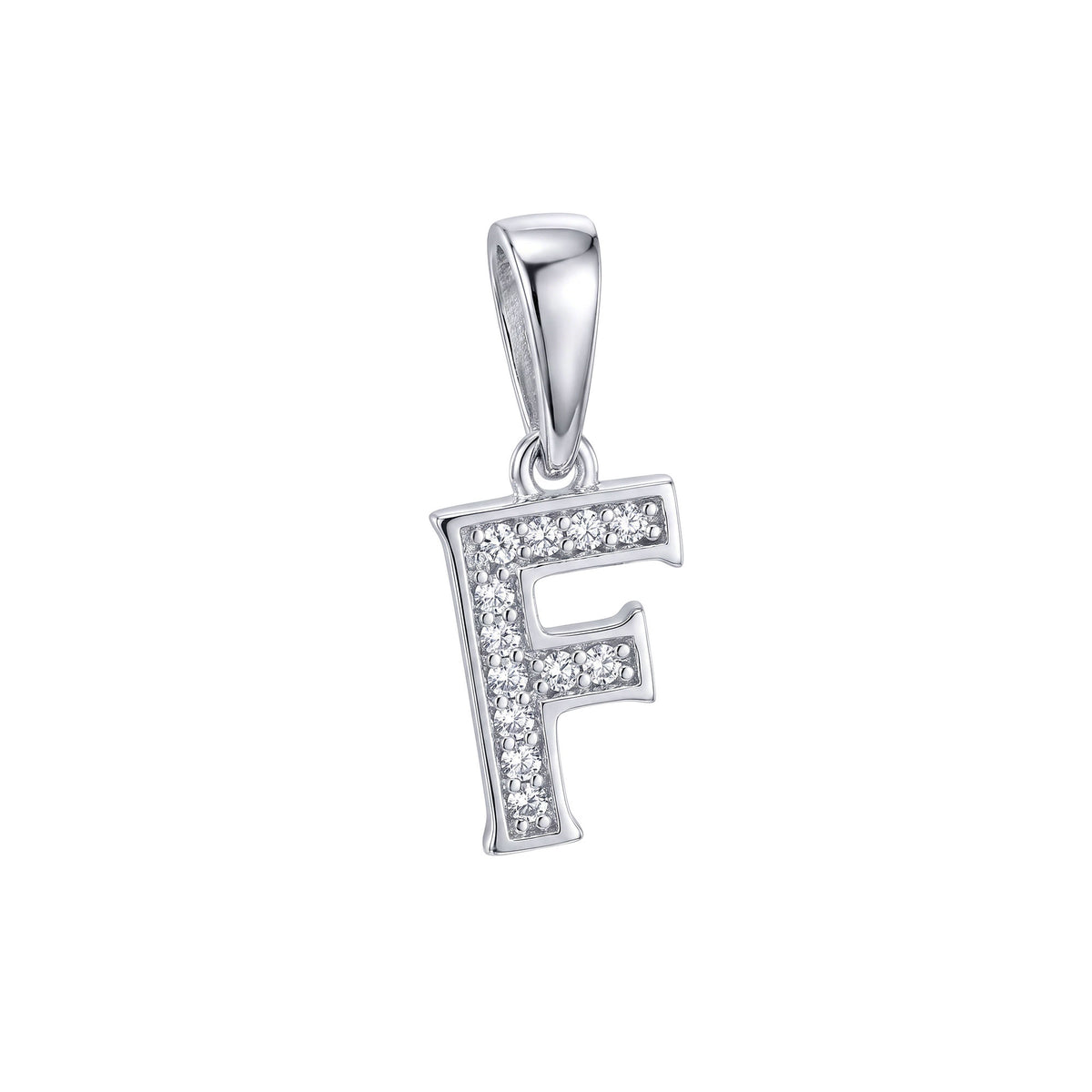 Letter F pendant with sparkling white cubic zirconia on a polished silver-tone finish