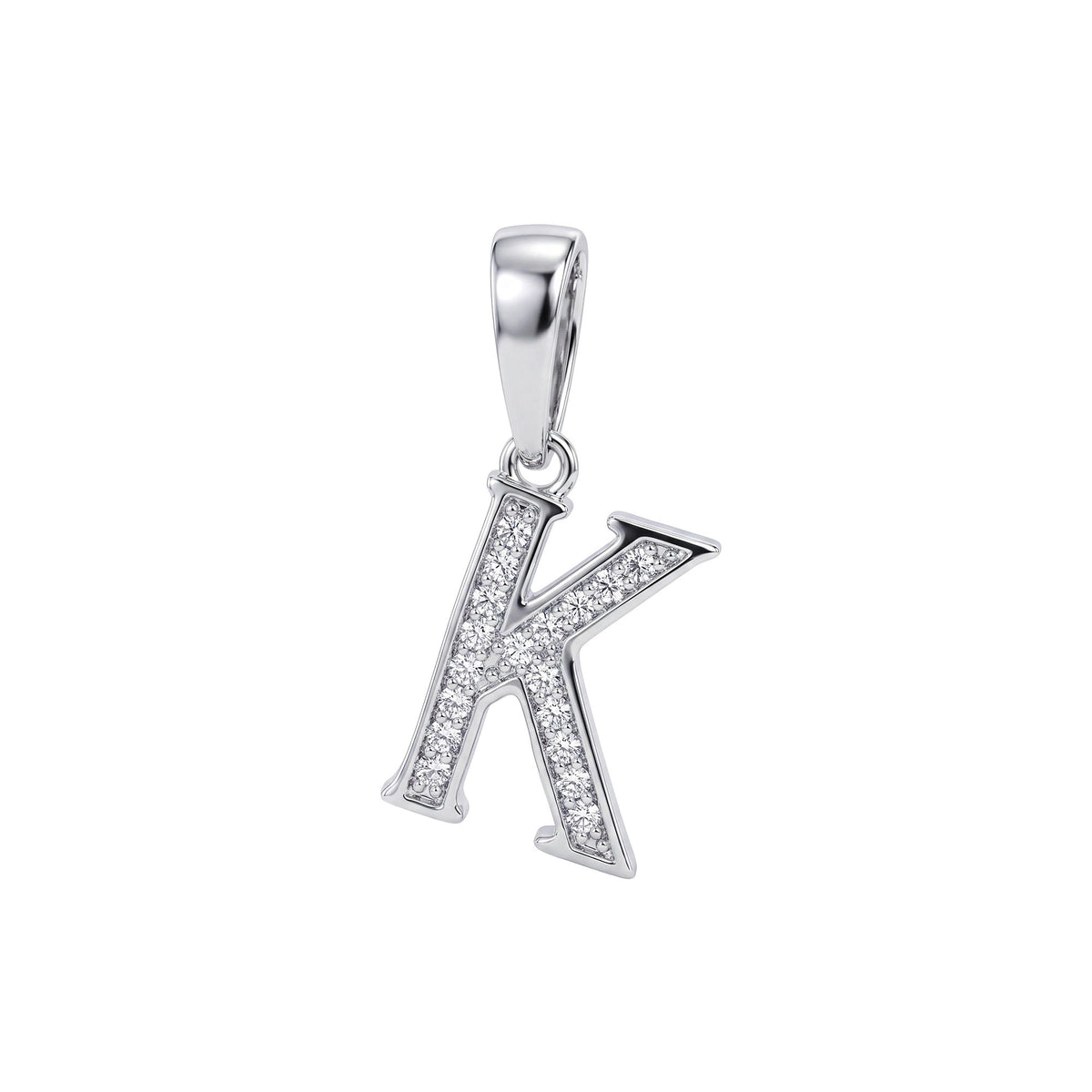 Letter K pendant with platinum plating, both diagonal strokes set with cubic zirconia