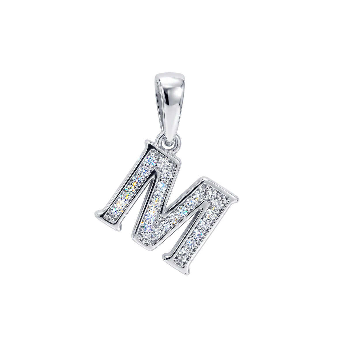 Platinum-plated letter M pendant set with sparkling white cubic zirconia