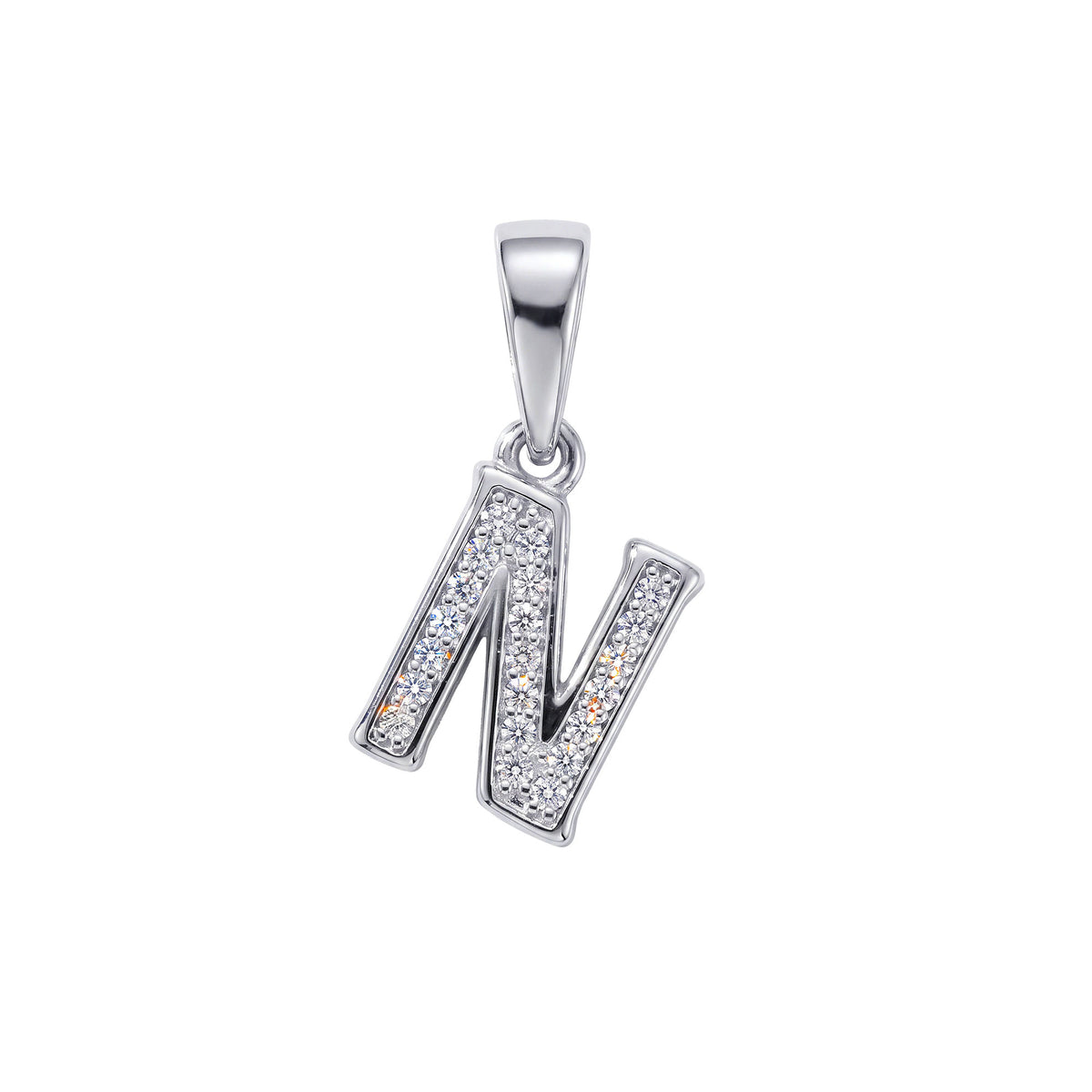 Silver-tone letter N pendant with rows of cubic zirconia and a smooth bail