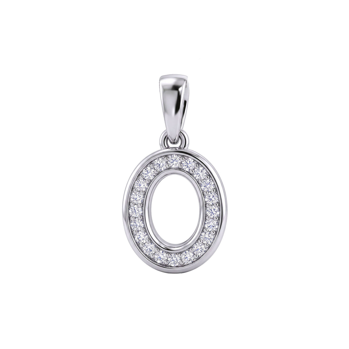 Oval letter O pendant ringed with cubic zirconia, platinum-plated