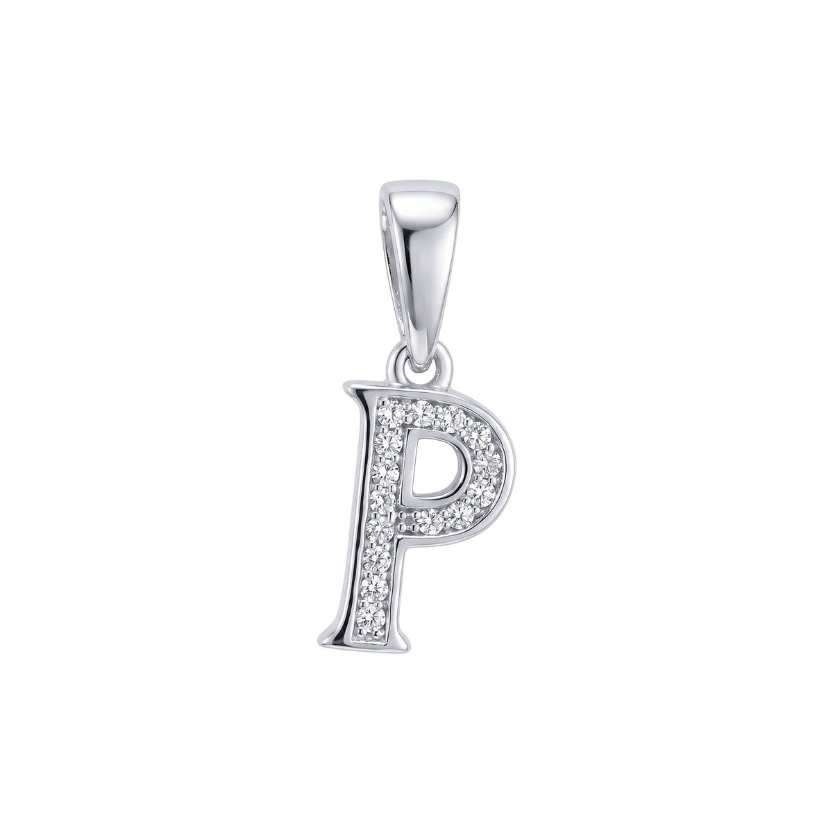 Small silver-tone letter P pendant set with white cubic zirconia