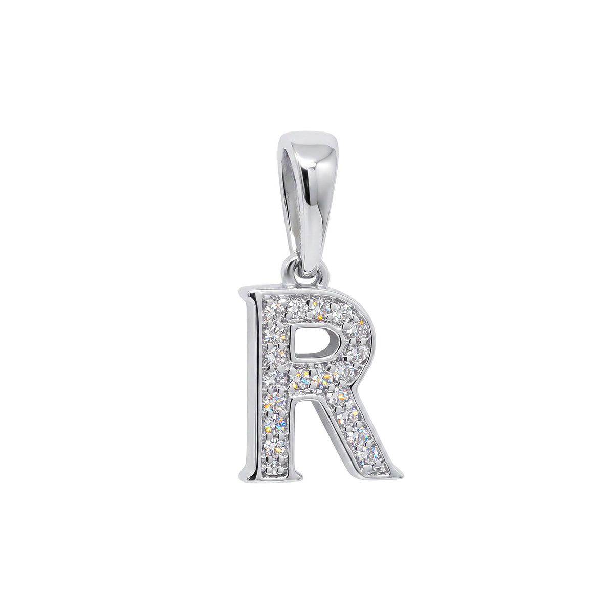 Letter R pendant with platinum plating and sparkling white cubic zirconia