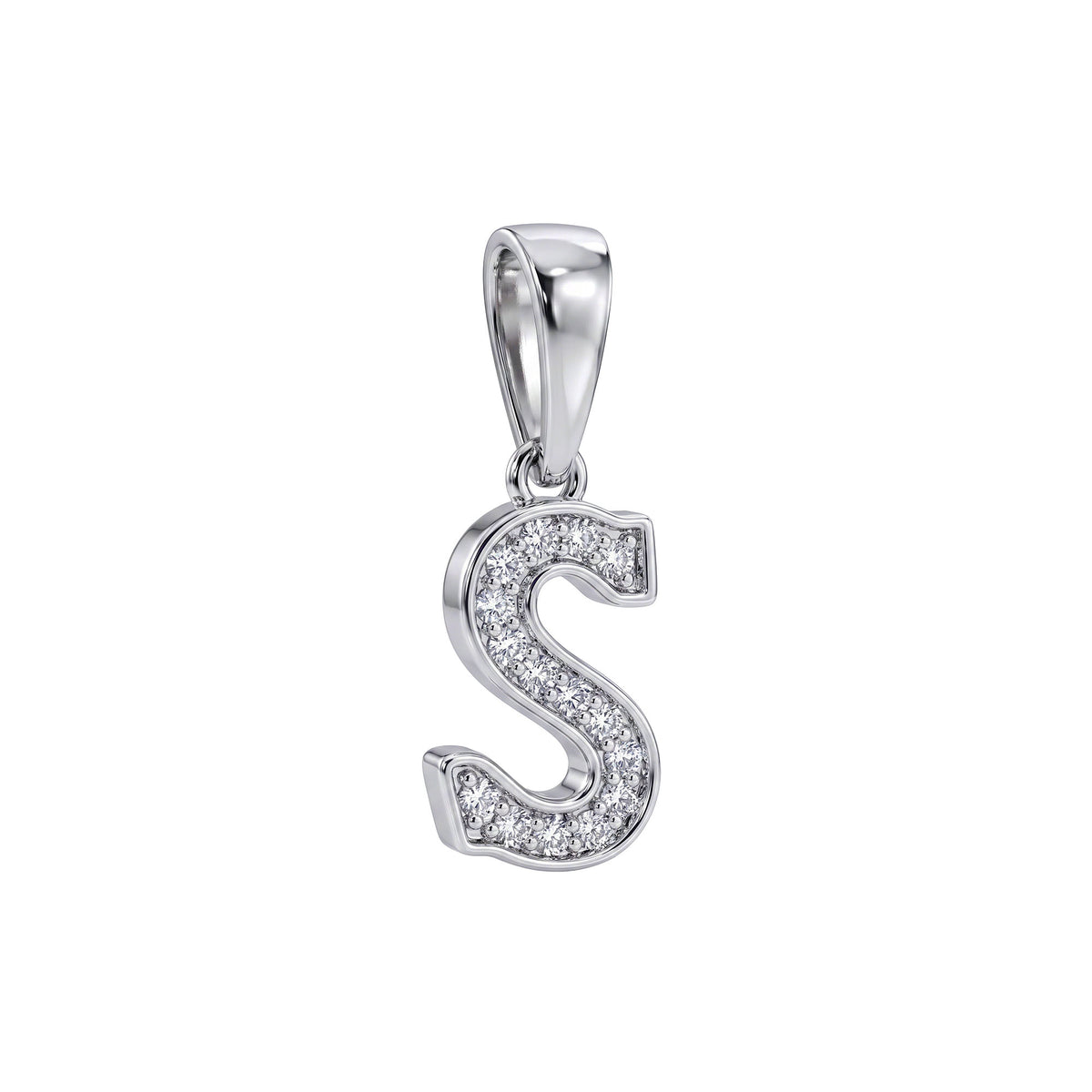 Wavy letter S pendant in silver tone set with tiny white cubic zirconia