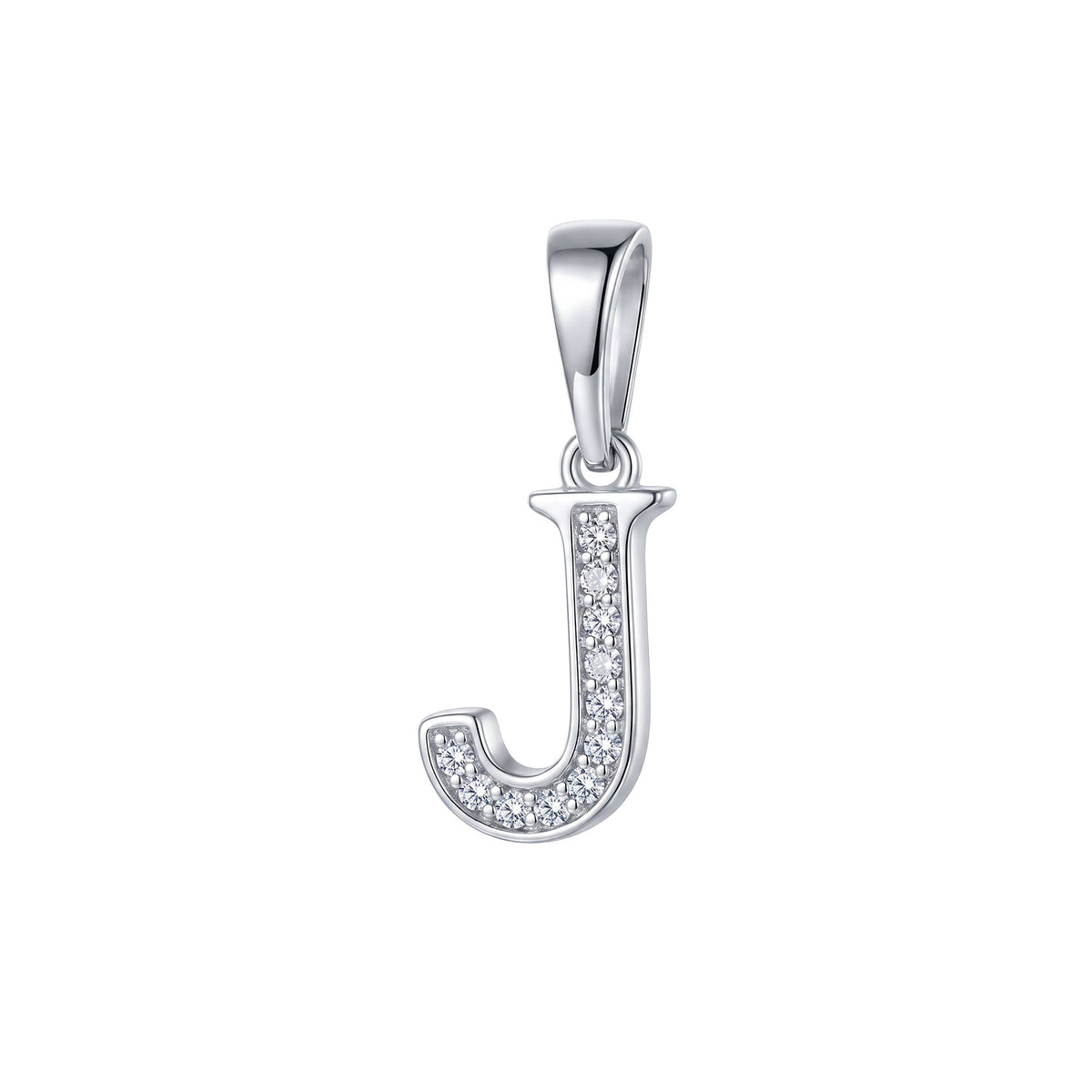 Silver-tone letter J pendant with a row of cubic zirconia, reflected in a mirror