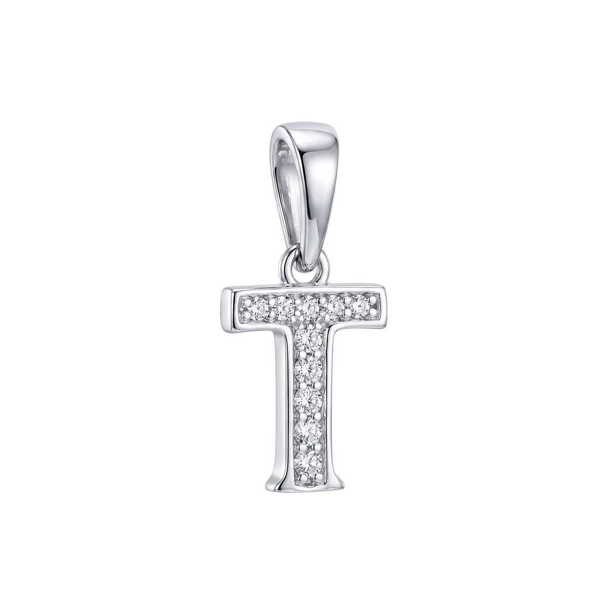 Letter T pendant with cubic zirconia and a shiny platinum finish