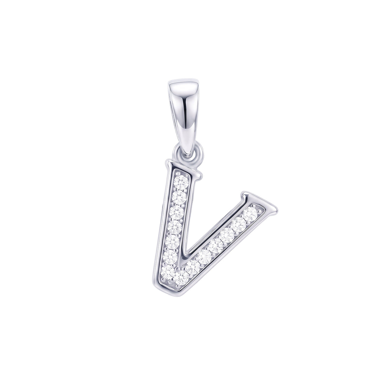 Letter V pendant with white cubic zirconia on a white background