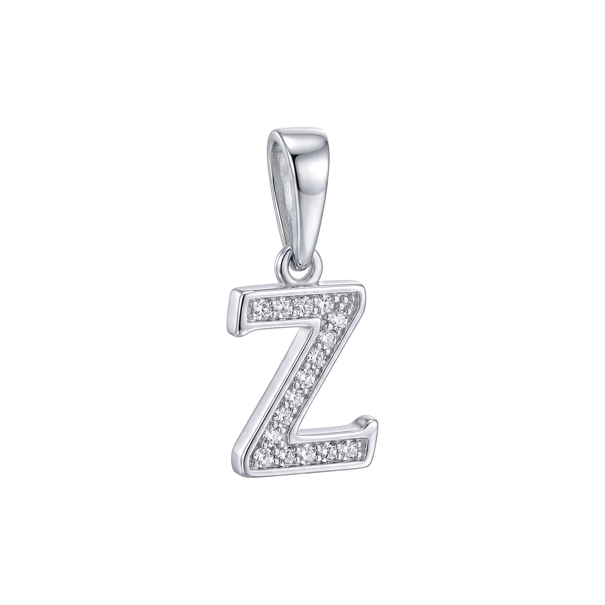 Silver-tone letter Z pendant with tiny white cubic zirconia on a white background