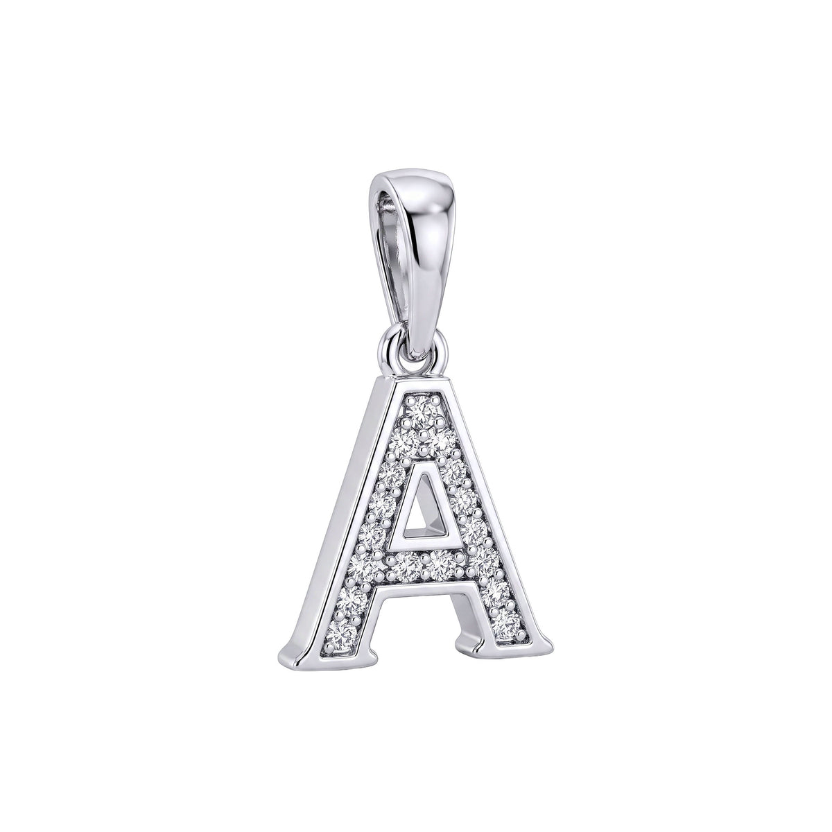 Letter A pendant in a platinum tone, fully set with white cubic zirconia