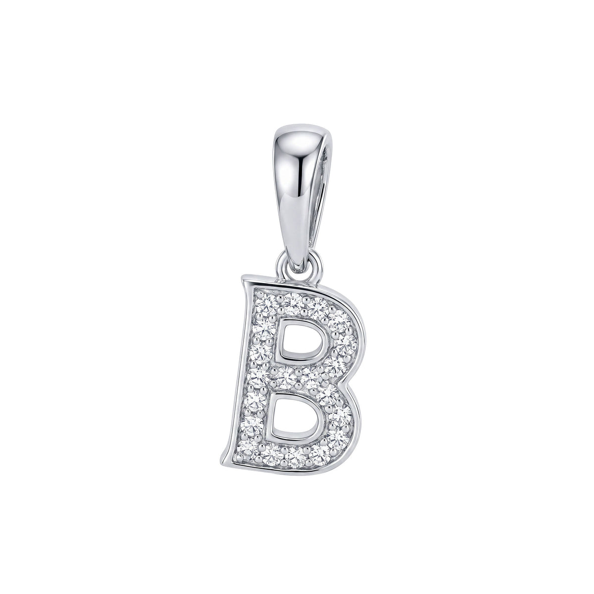 Silver-tone letter B pendant with rows of cubic zirconia and a smooth bail