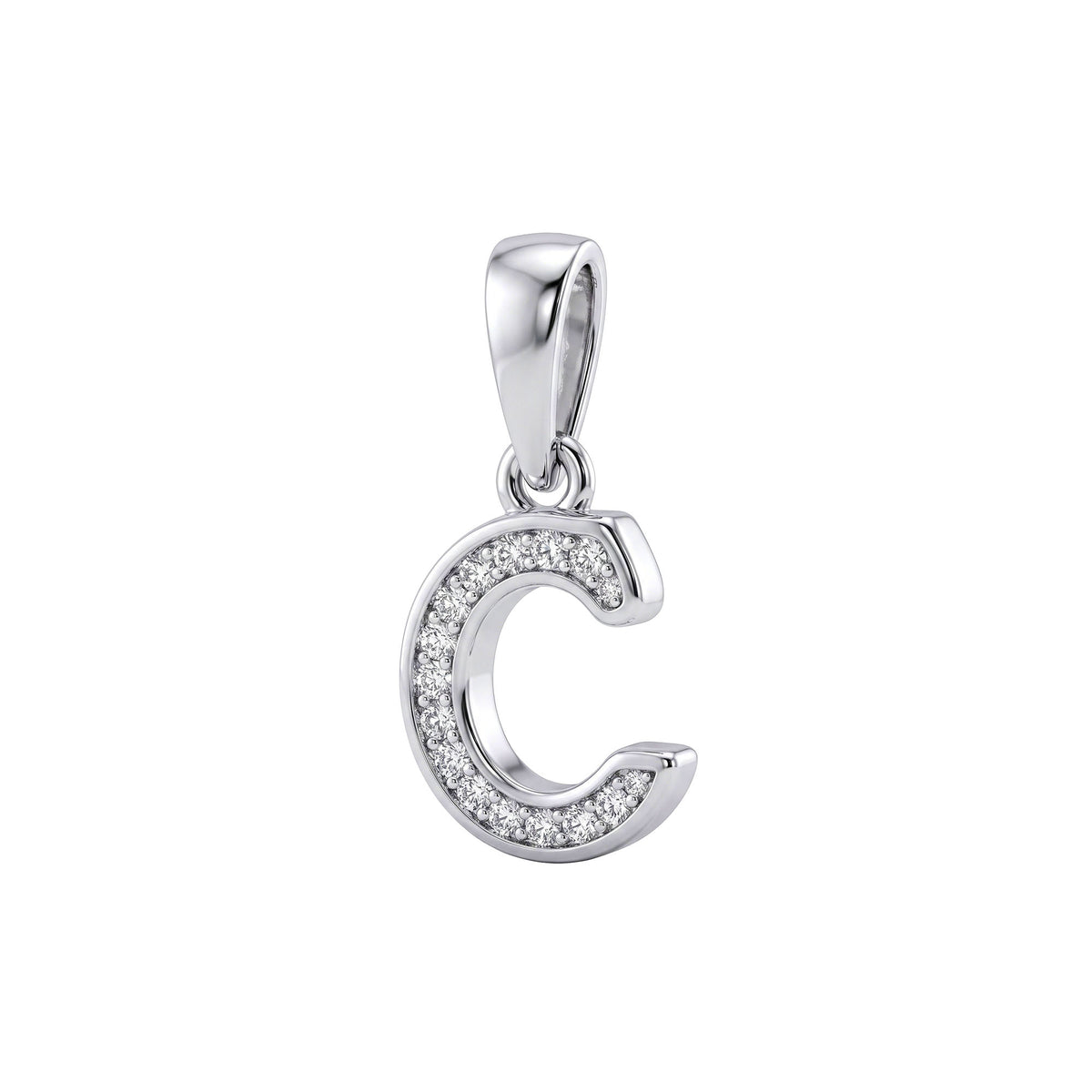 Curved letter C pendant in a platinum tone, set with small white cubic zirconia