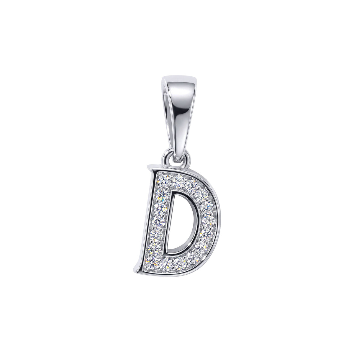 Small letter D pendant with shiny platinum plating and white cubic zirconia