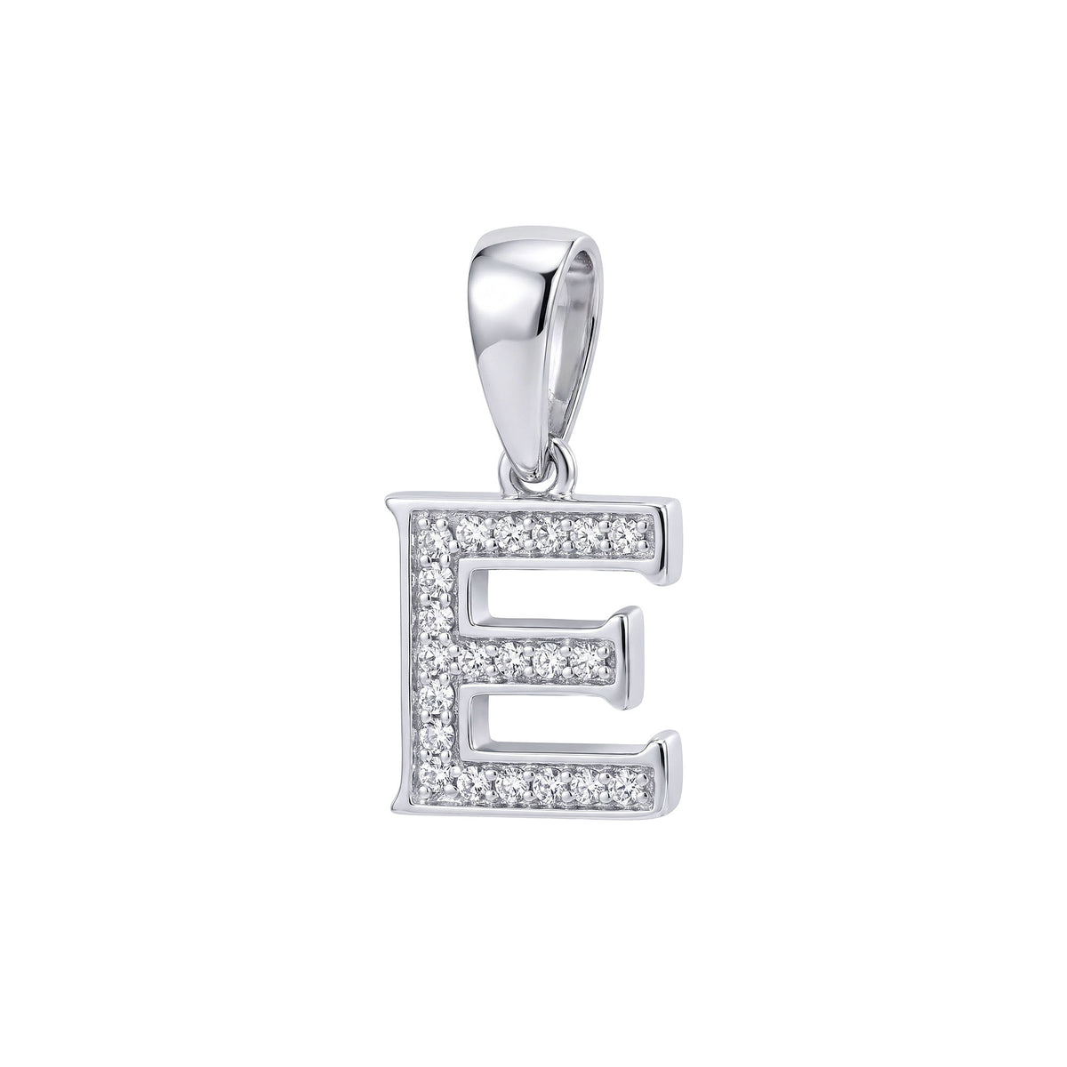 Letter E pendant in platinum tone, all three bars set with white cubic zirconia