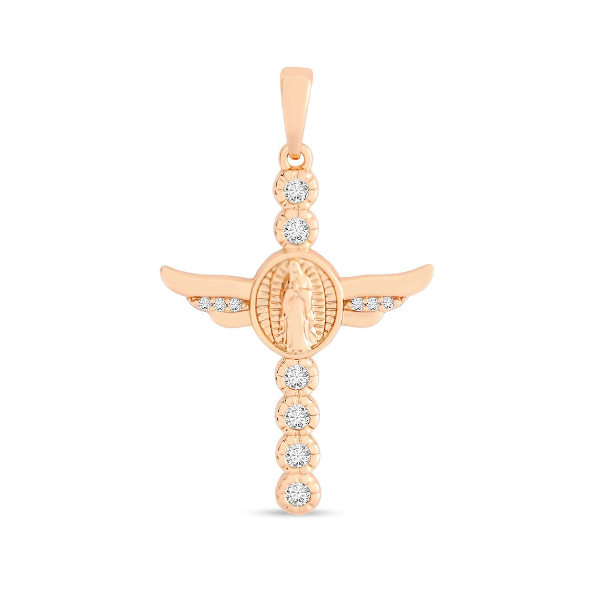Gold-plated cross pendant with angel wings, Virgin Mary medallion and cubic zirconia