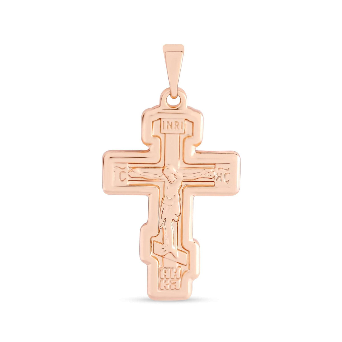 Orthodox cross pendant with Christ and INRI in a rosy gold tone