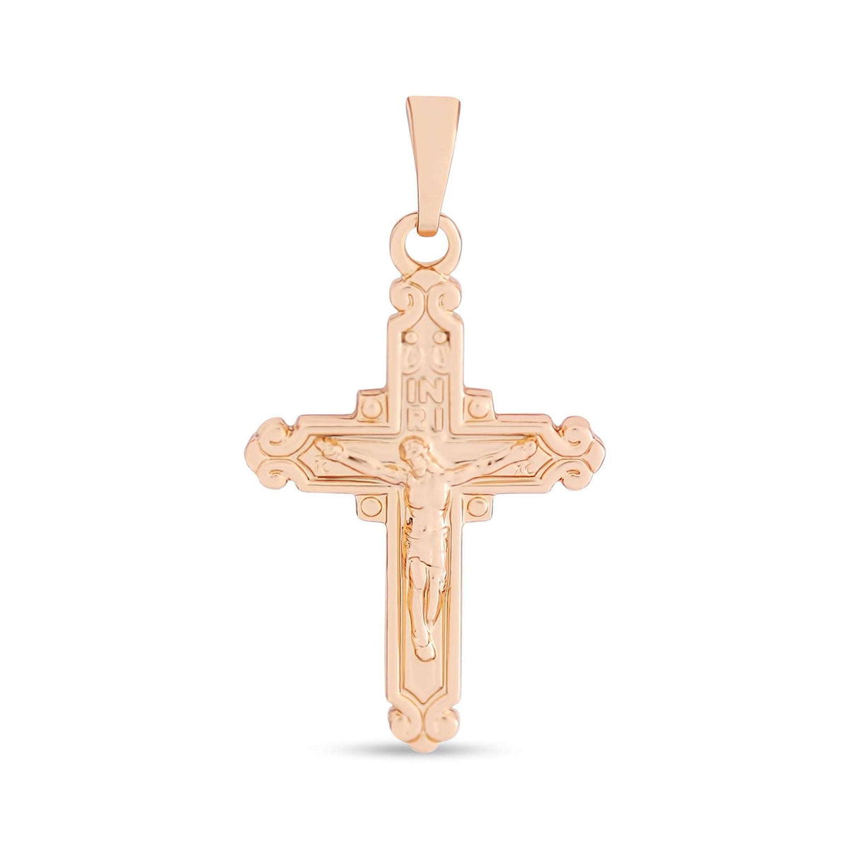 Catholic cross pendant in a reddish gold tone with Christ, INRI and ornate ends