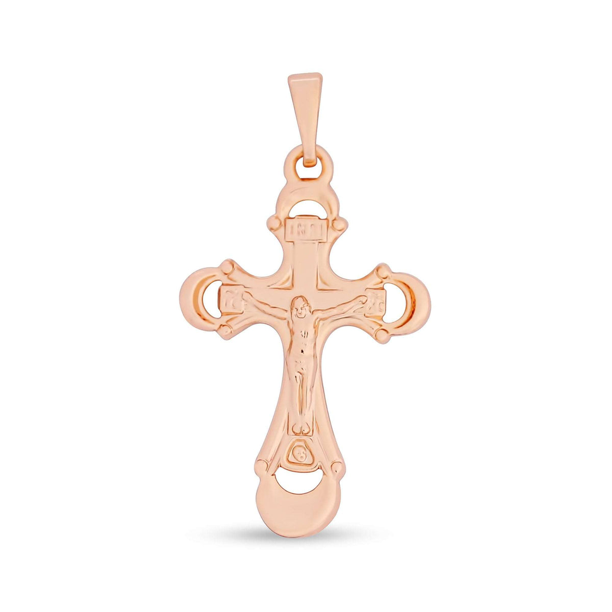 Gold-plated Catholic cross pendant with the figure of Christ and ornate rounded ends