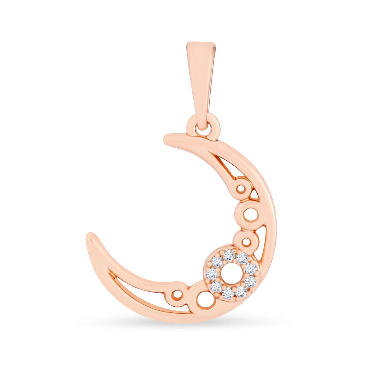 Crescent moon pendant with a cubic zirconia circle in a warm gold tone