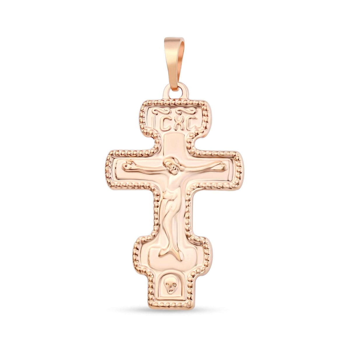 Gold-plated eight-pointed Orthodox cross pendant with Christ and a beaded border