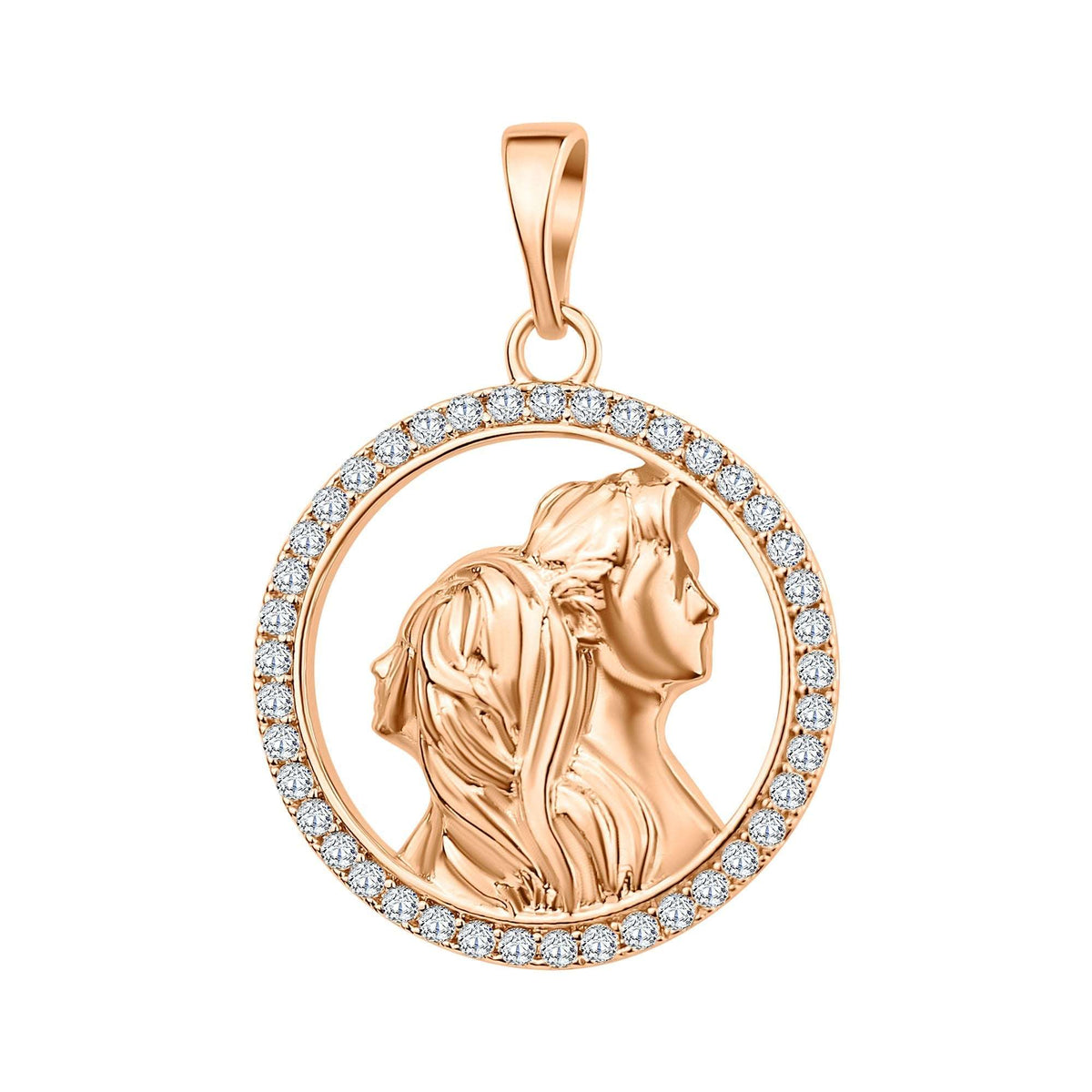 Gold-plated round pendant with a couple's profiles in a cubic zirconia circle
