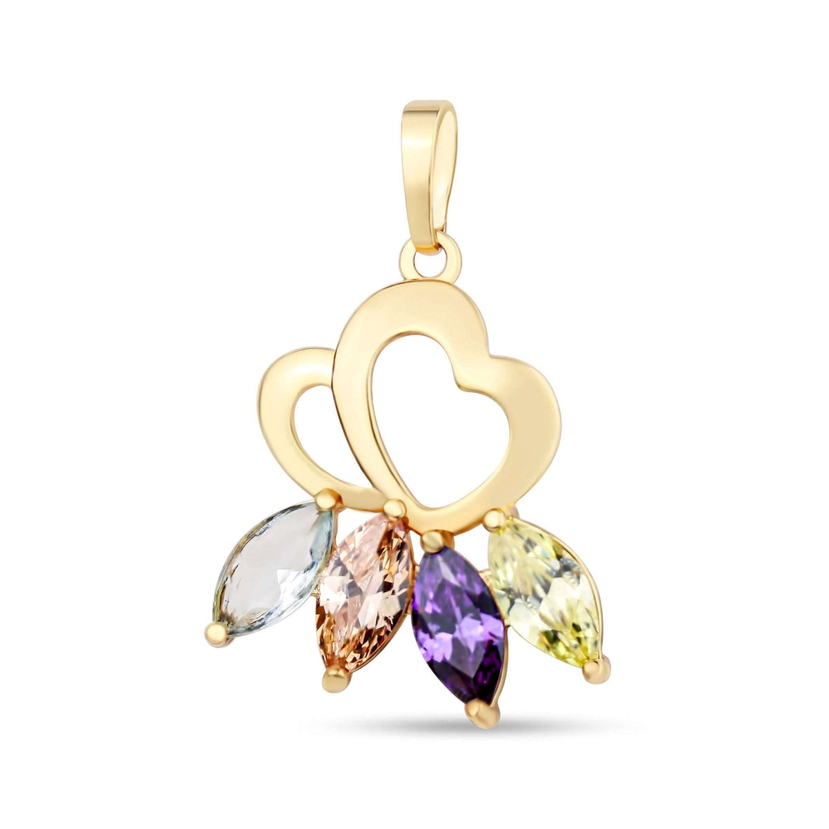 Pendant of two entwined hearts with four multicoloured marquise cubic zirconia, gold tone