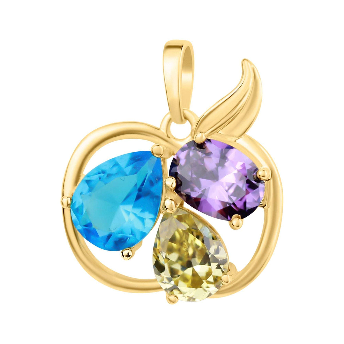 Gold-plated apple pendant with blue, violet and yellow-green faceted stones on white