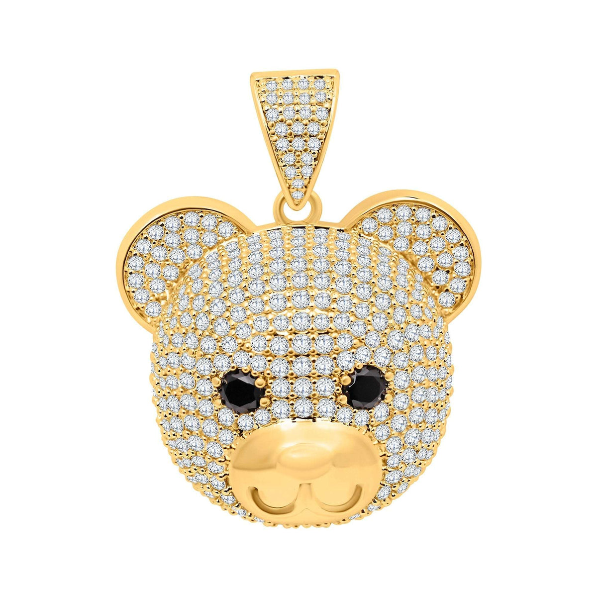 Gold-tone bear head pendant with white cubic zirconia and black stone eyes