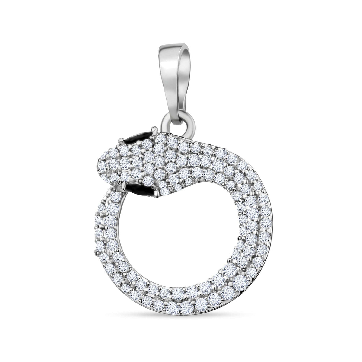 Silver-tone snake pendant covered in cubic zirconia with a black accent stone