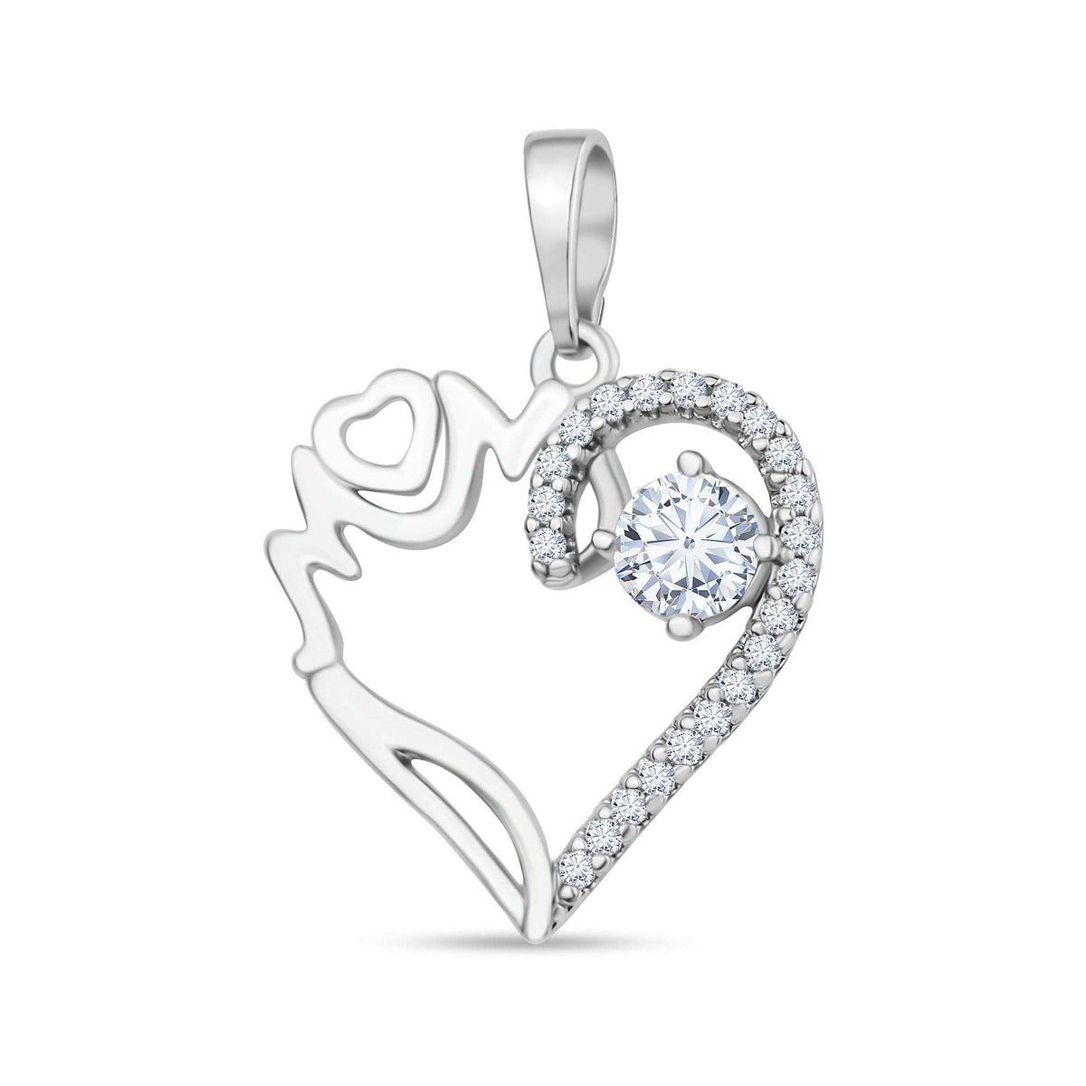 Heart pendant with Mom inscription and a large round cubic zirconia