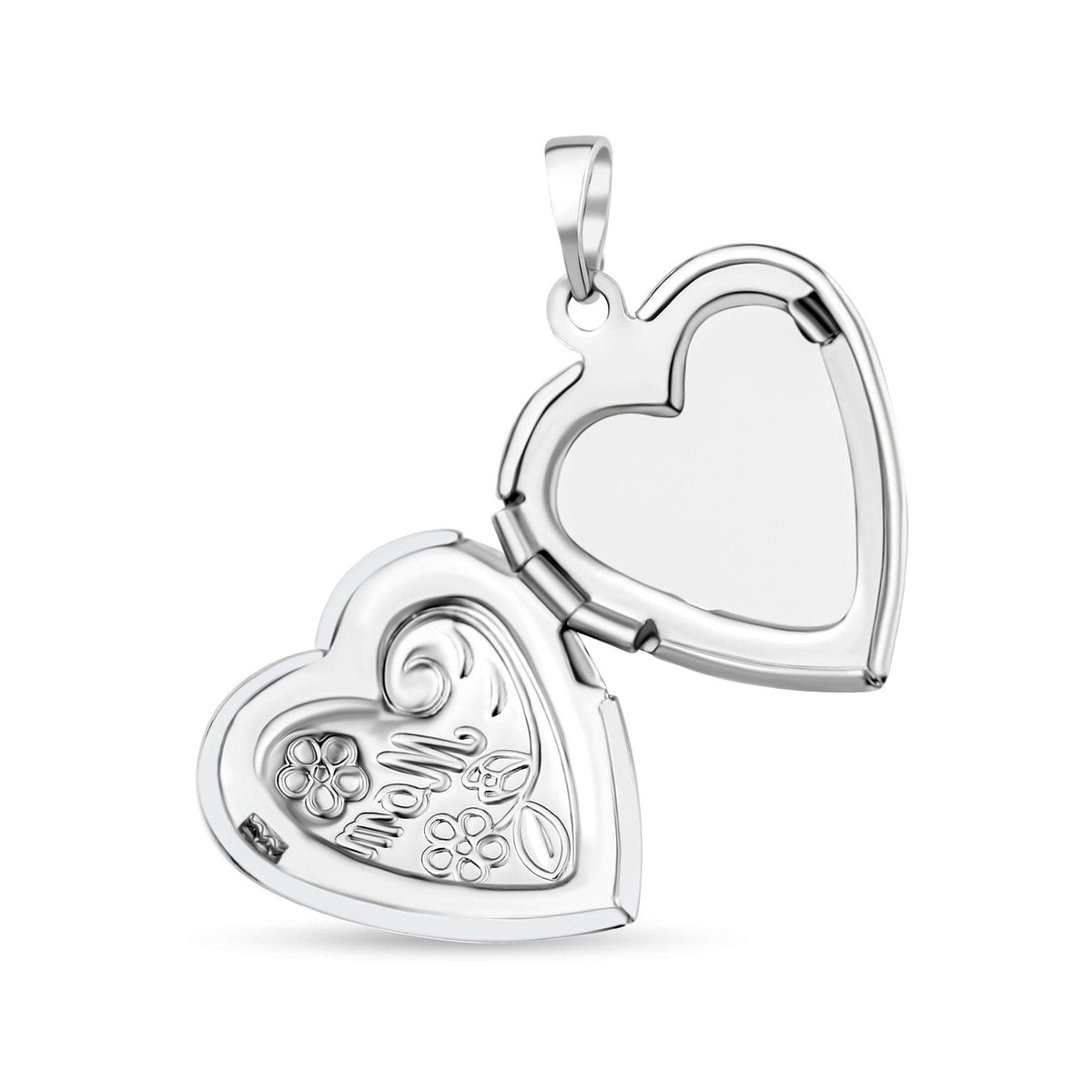 Opened heart locket with an empty photo compartment, hinge and relief visible